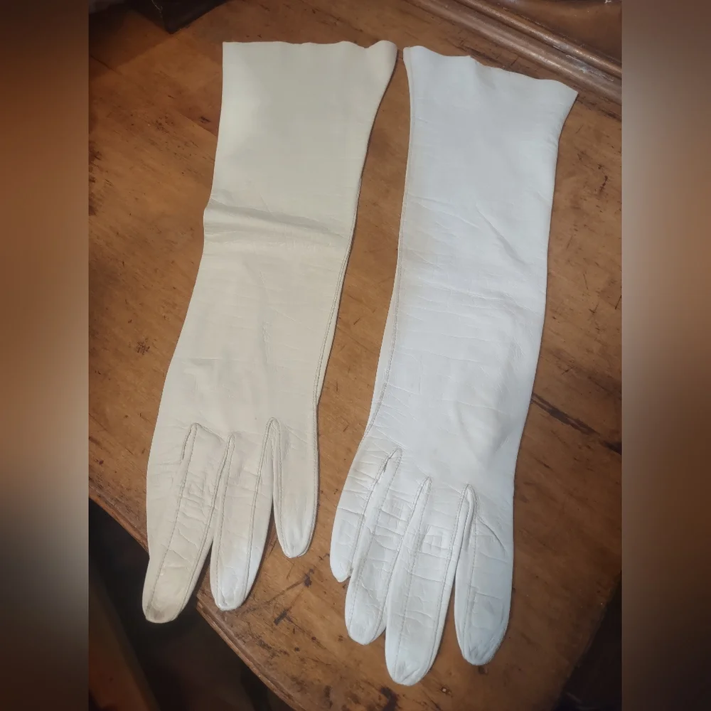 Sm Vintage Elegant White Leather Gloves Elbow Length